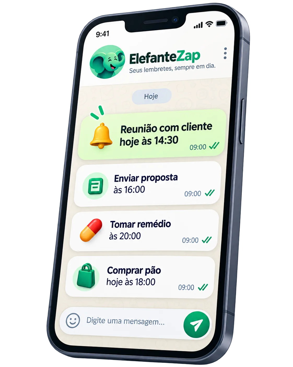 Celular exibindo lembretes do ElefanteZap para trabalho, saúde e tarefas do dia a dia